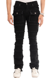 NOVASTILE Slim fit Straight leg Stretch Denim Jeans Cargo Pockets Distressed All Over Frayed Ripped Patchwork Stacked Design Streetwear Statement Pants Men M5 Black 28