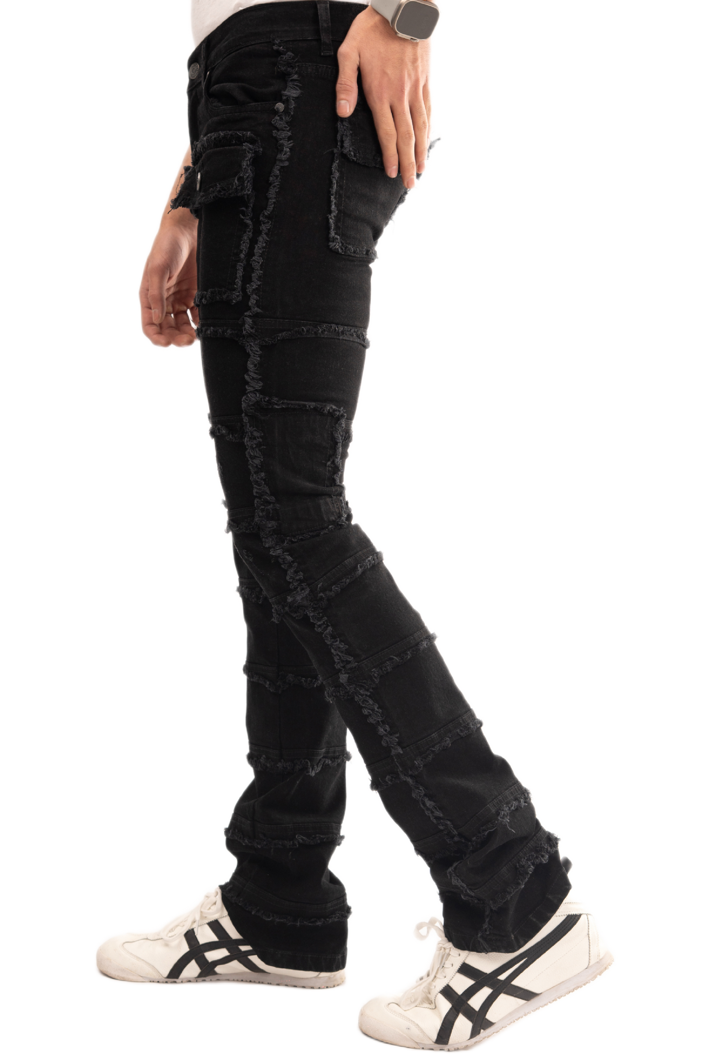 NOVASTILE Slim fit Straight leg Stretch Denim Jeans Cargo Pockets Distressed All Over Frayed Ripped Patchwork Stacked Design Streetwear Statement Pants Men M5 Black 28