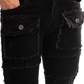 NOVASTILE Slim fit Straight leg Stretch Denim Jeans Cargo Pockets Distressed All Over Frayed Ripped Patchwork Stacked Design Streetwear Statement Pants Men M5 Black 28