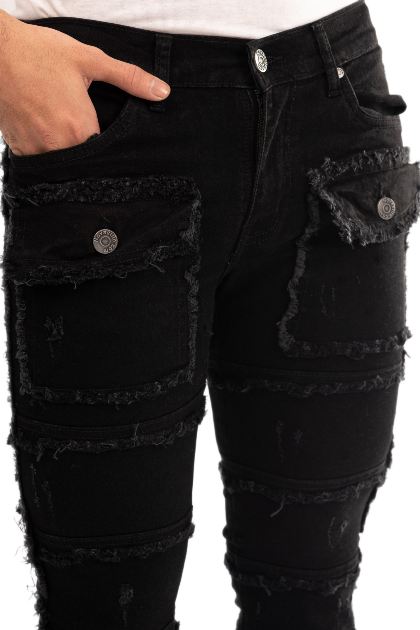 NOVASTILE Slim fit Straight leg Stretch Denim Jeans Cargo Pockets Distressed All Over Frayed Ripped Patchwork Stacked Design Streetwear Statement Pants Men M5 Black 28