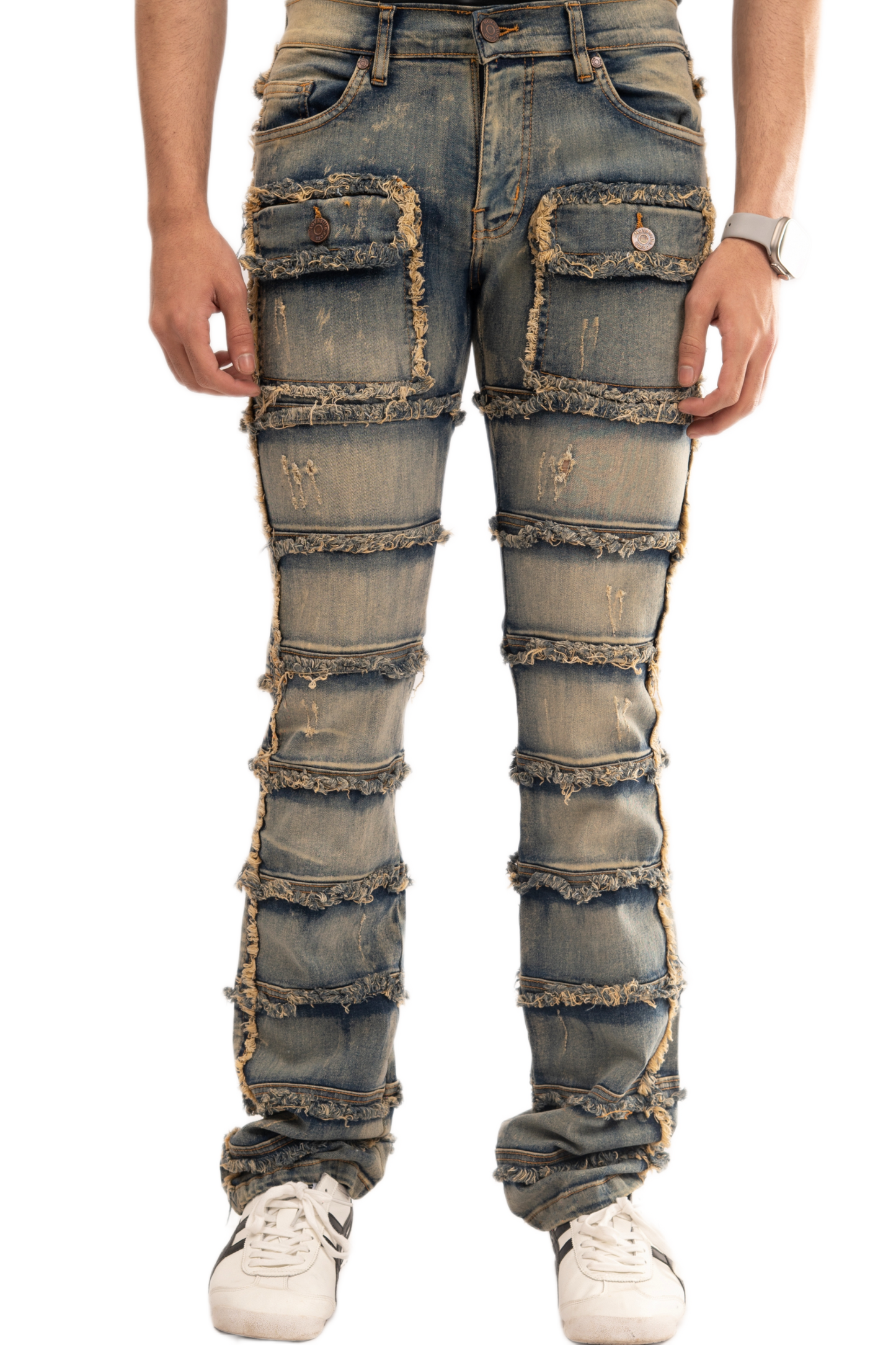NOVASTILE Slim fit Straight leg Stretch Denim Jeans Cargo Pockets Distressed All Over Frayed Ripped Patchwork Stacked Design Streetwear Light Wash Statement Pants For Men M5 Light Tint 28