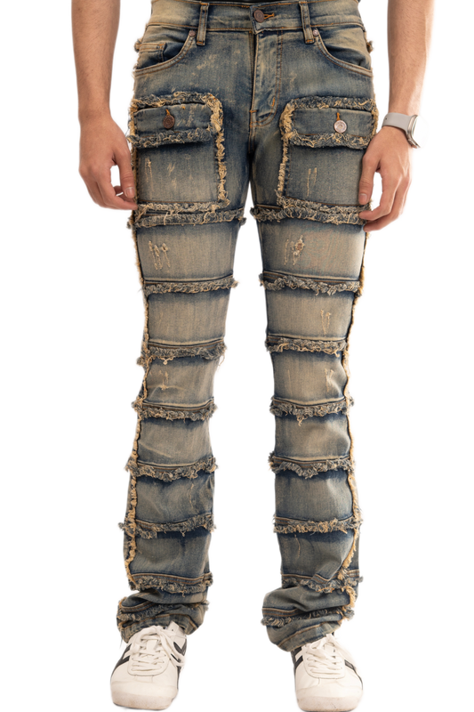 BTEXPERT Slim fit Straight leg Stretch Denim Jeans Cargo Pockets Distressed All Over Frayed Ripped Patchwork Stacked Design Streetwear Light Wash Statement Pants For Men M5 Light Tint 38