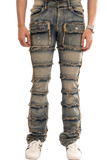 NOVASTILE Slim fit Straight leg Stretch Denim Jeans Cargo Pockets Distressed All Over Frayed Ripped Patchwork Stacked Design Streetwear Light Wash Statement Pants For Men M5 Light Tint 28