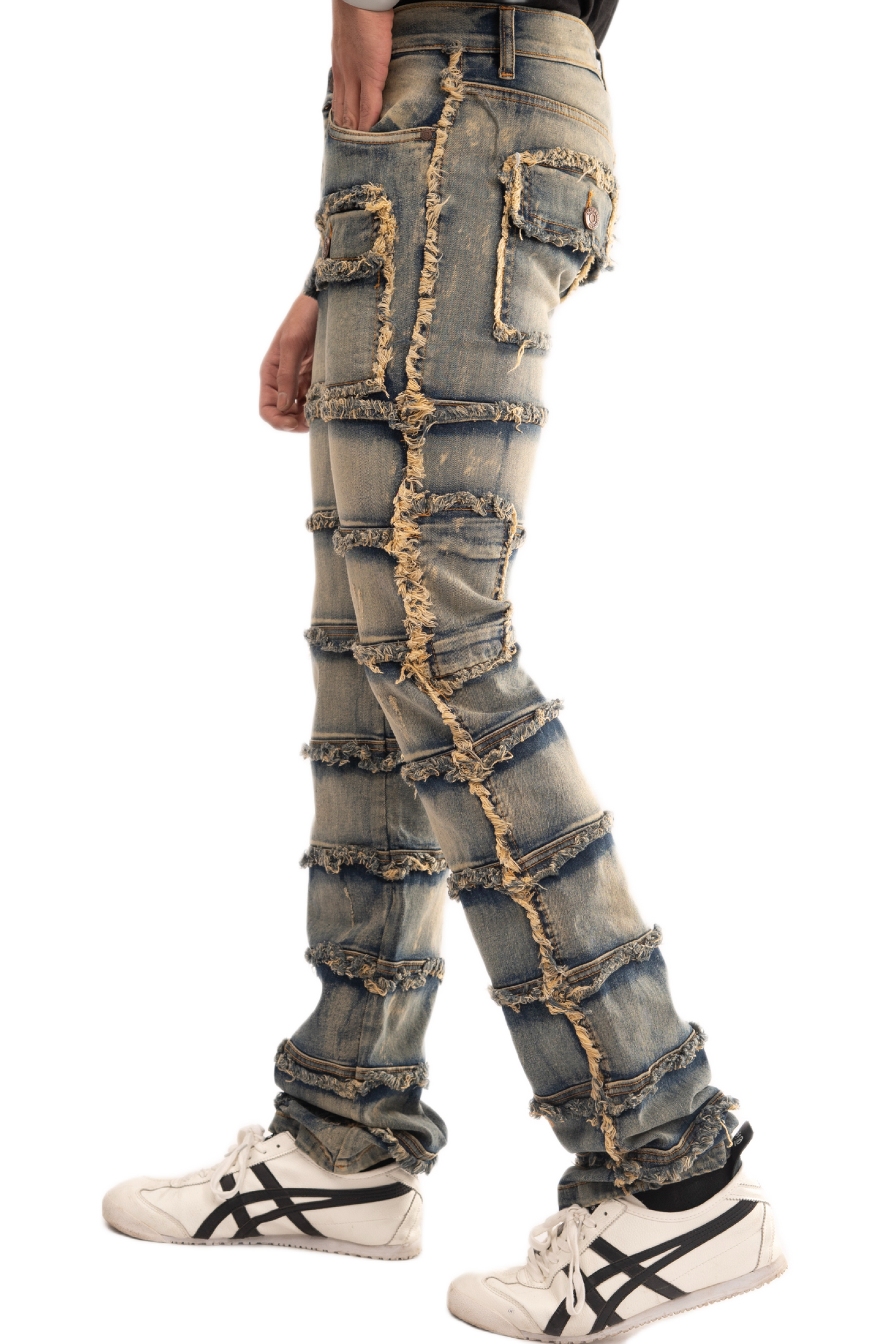 NOVASTILE Slim fit Straight leg Stretch Denim Jeans Cargo Pockets Distressed All Over Frayed Ripped Patchwork Stacked Design Streetwear Light Wash Statement Pants For Men M5 Light Tint 28
