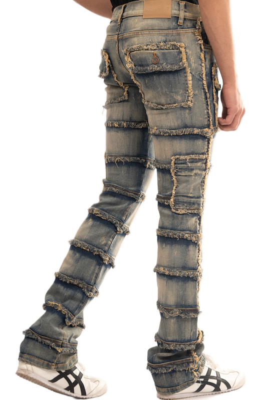 BTEXPERT Slim fit Straight leg Stretch Denim Jeans Cargo Pockets Distressed All Over Frayed Ripped Patchwork Stacked Design Streetwear Light Wash Statement Pants For Men M5 Light Tint 38