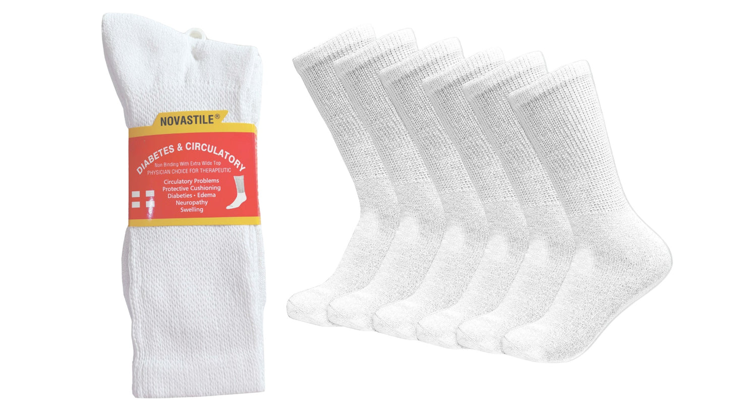 NOVASTILE Crew Diabetic Socks for Men & Women, Non-Binding Cotton for Neuropathy, Cushioned Moisture-Wicking Loose Fit, 6 Pairs, Size 9-11
