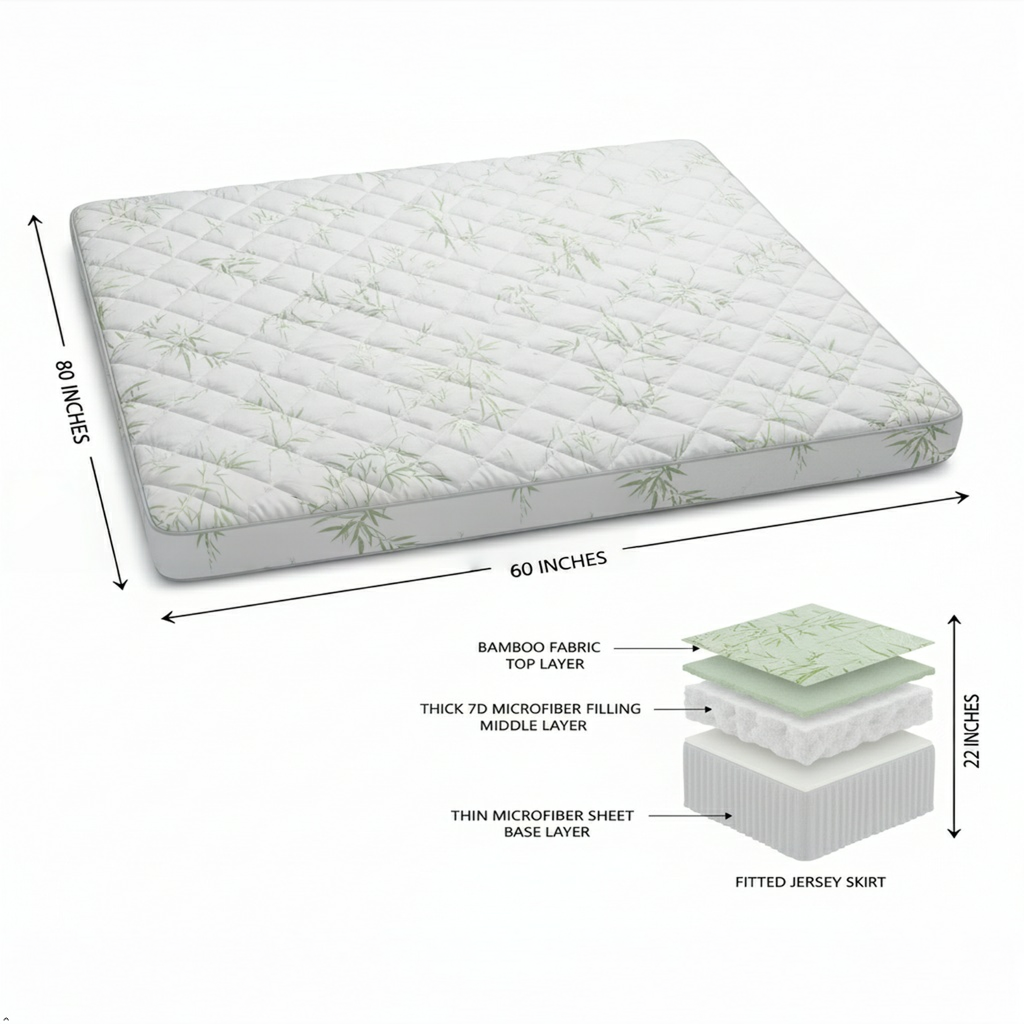 Queen Bamboo Pillow Top Mattress Topper 60x80 Inches – 550 GSM Cooling Mattress Pad Cover, Soft Breathable & Deep Pocket Fitted (8–20”) – Plush Comfort for Back Pain Relief