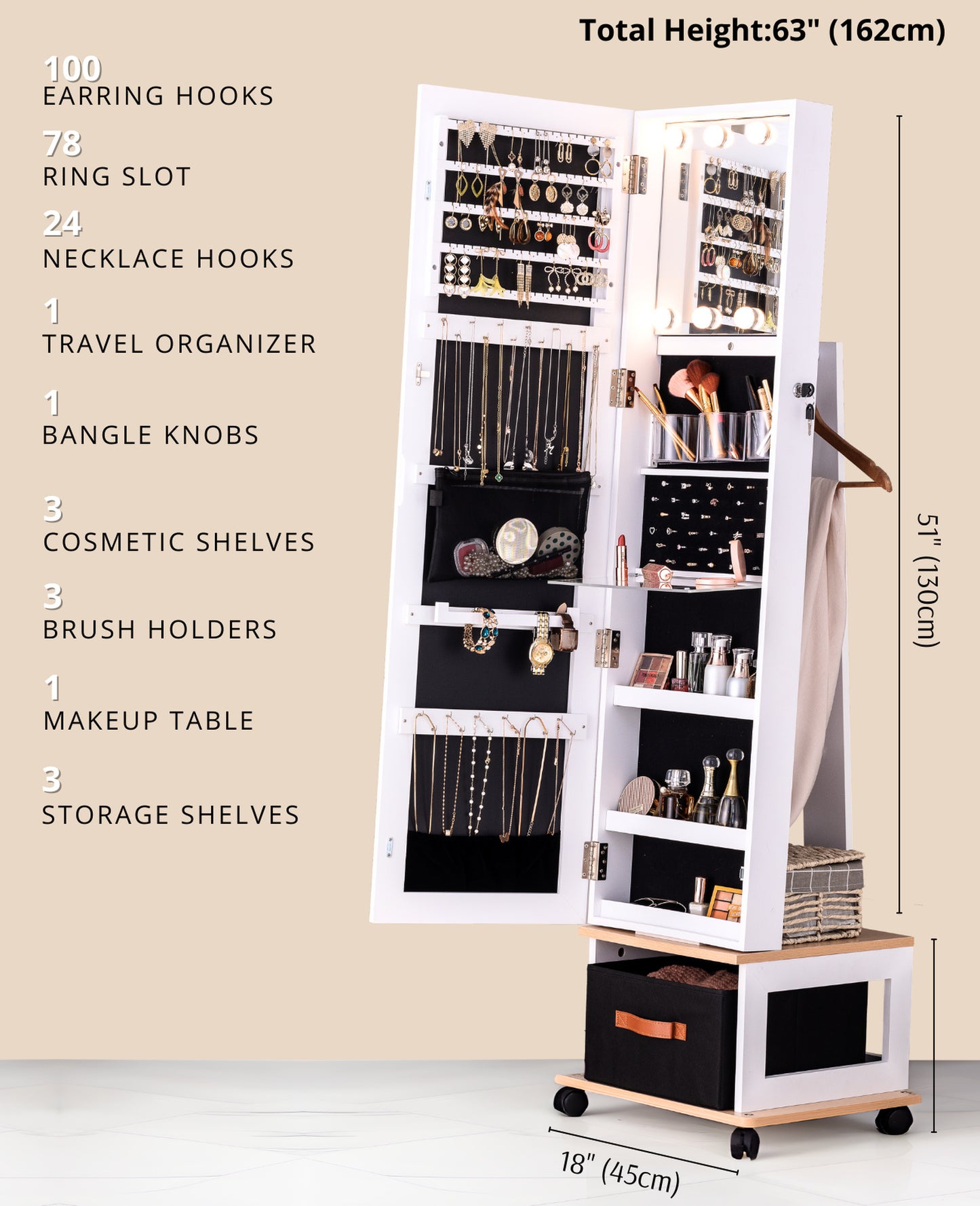 BTEXPERT 360 Swivel Jewelry Cabinet Armoire, Standing with Lights, Lockable Jewelry Organizer, 63" Rotating Full Length Frameless Mirror with Storage, 4 Wheels, White Lock Key