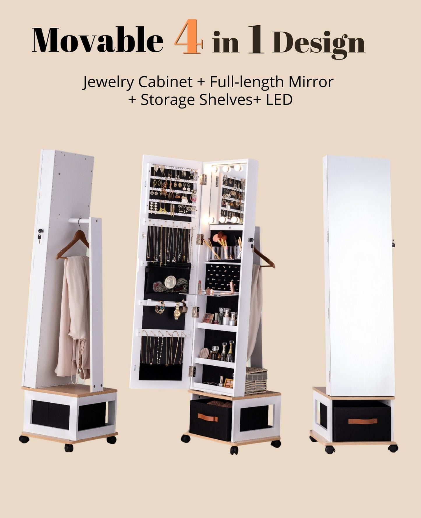BTEXPERT 360 Swivel Jewelry Cabinet Armoire, Standing with Lights, Lockable Jewelry Organizer, 63" Rotating Full Length Frameless Mirror with Storage, 4 Wheels, White Lock Key