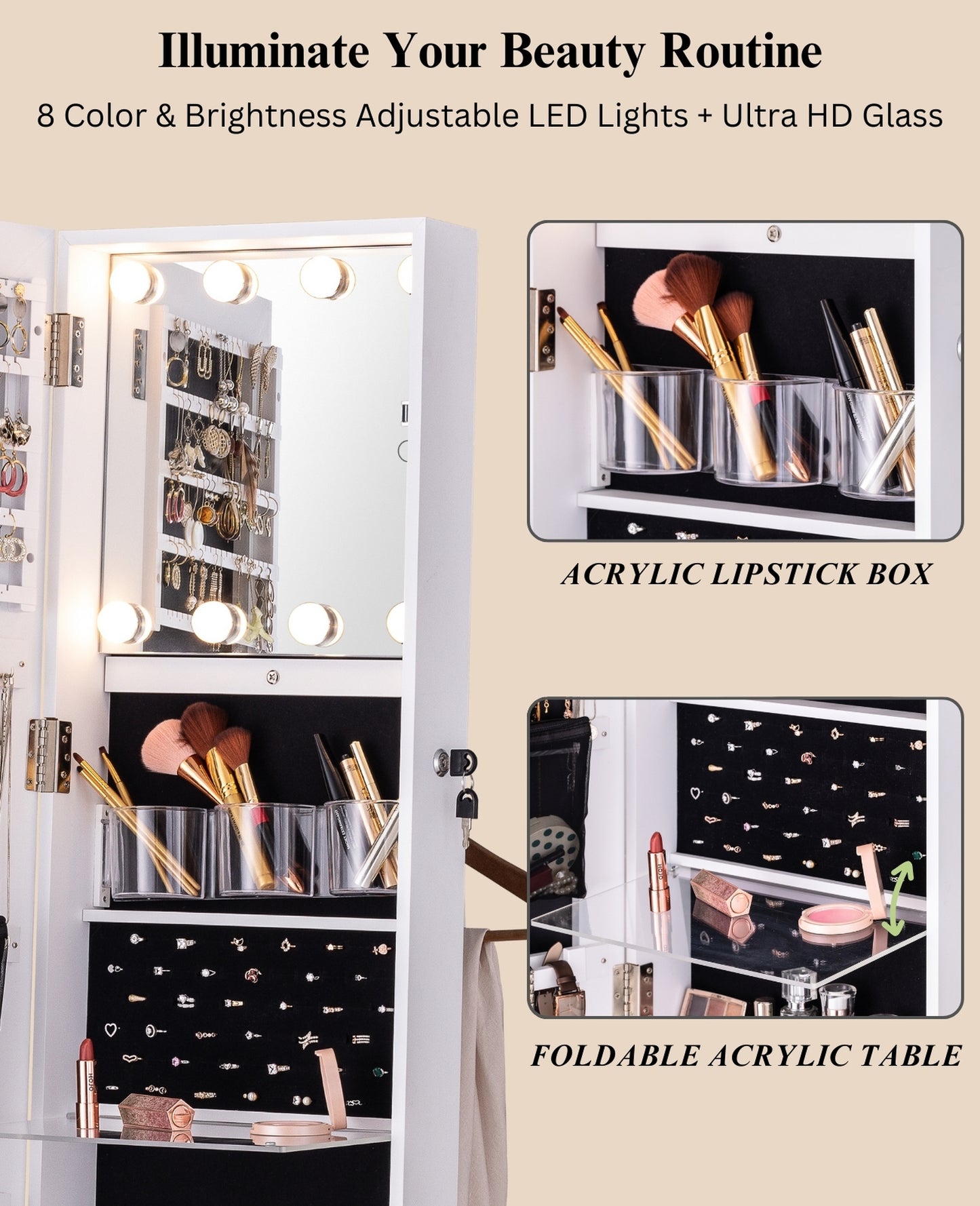 BTEXPERT 360 Swivel Jewelry Cabinet Armoire, Standing with Lights, Lockable Jewelry Organizer, 63" Rotating Full Length Frameless Mirror with Storage, 4 Wheels, White Lock Key