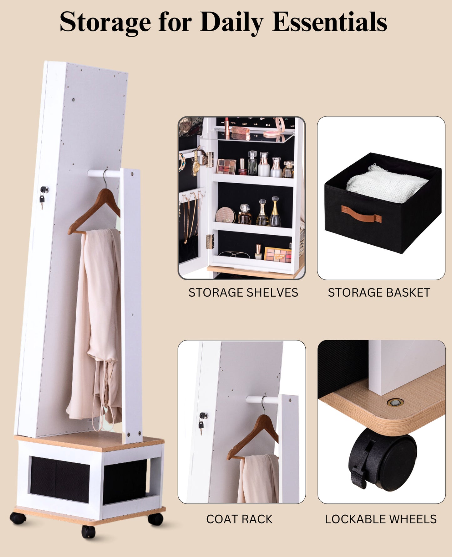 BTEXPERT 360 Swivel Jewelry Cabinet Armoire, Standing with Lights, Lockable Jewelry Organizer, 63" Rotating Full Length Frameless Mirror with Storage, 4 Wheels, White Lock Key