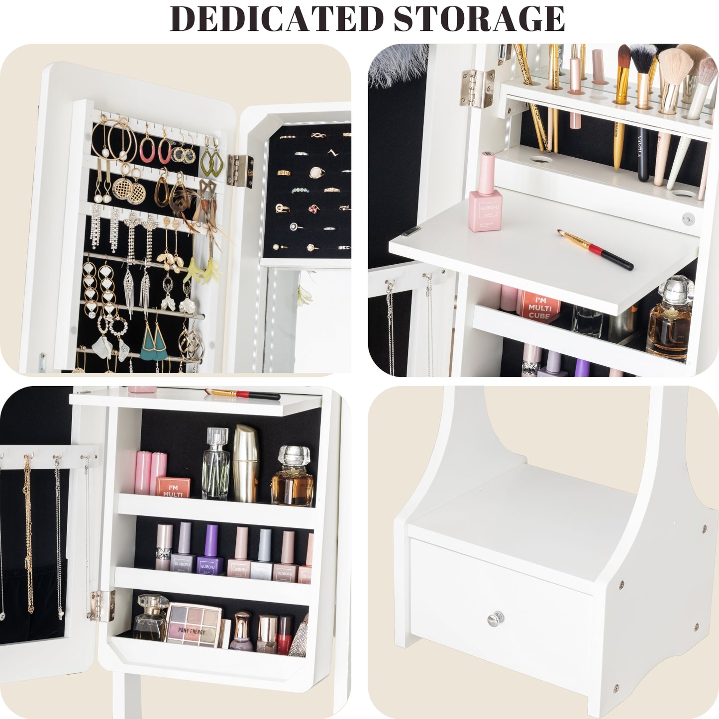 BTEXPERT Mirror Jewelry Cabinet , Large Storage Jewelry Armoire, Full-Length Frameless Mirror Jewelry Storage, 12 LED Lockable Jewelry Organizer White