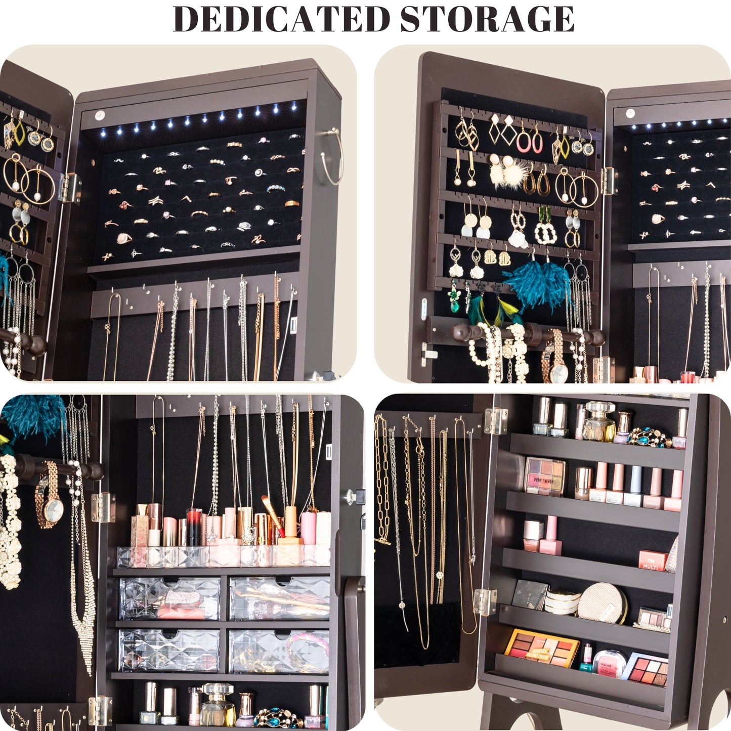 BTEXPERT Mirror Jewelry Cabinet Standing, Large Storage Jewelry Armoire, Full-Length Frameless Mirror with Jewelry Storage, 12 LED Lockable Standing Jewelry Organizer Brown