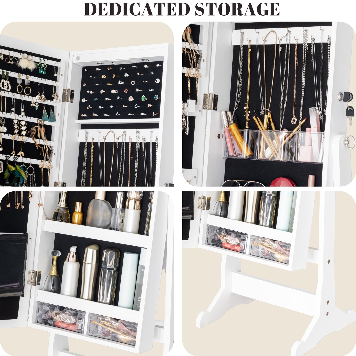 BTEXPERT Mirror Jewelry Cabinet Standing, Large Storage Jewelry Armoire, Full-Length  Mirror with Jewelry Storage, 12 LED Lockable Standing Jewelry Organizer White