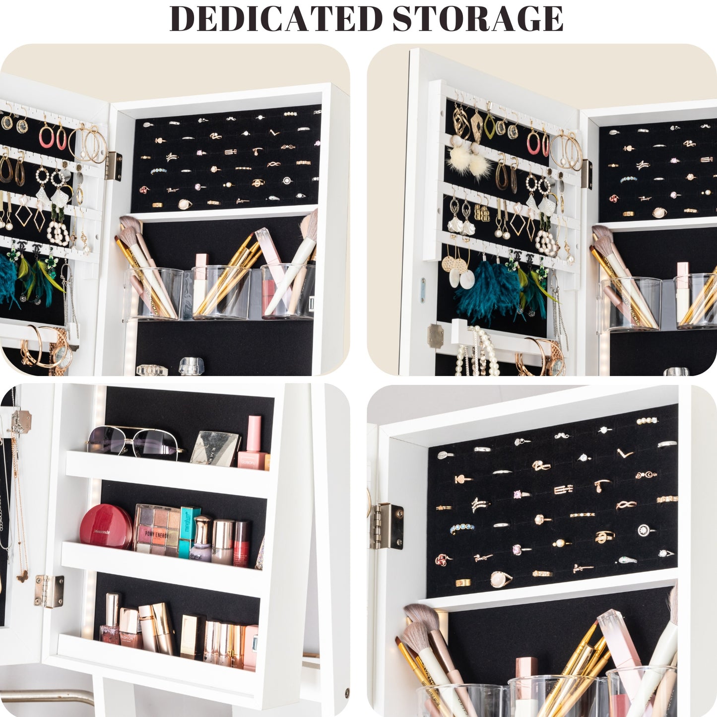 BTEXPERT Large Storage Jewelry Mirror Organizer with Frameless Free Standing Jewelry Cabinet White