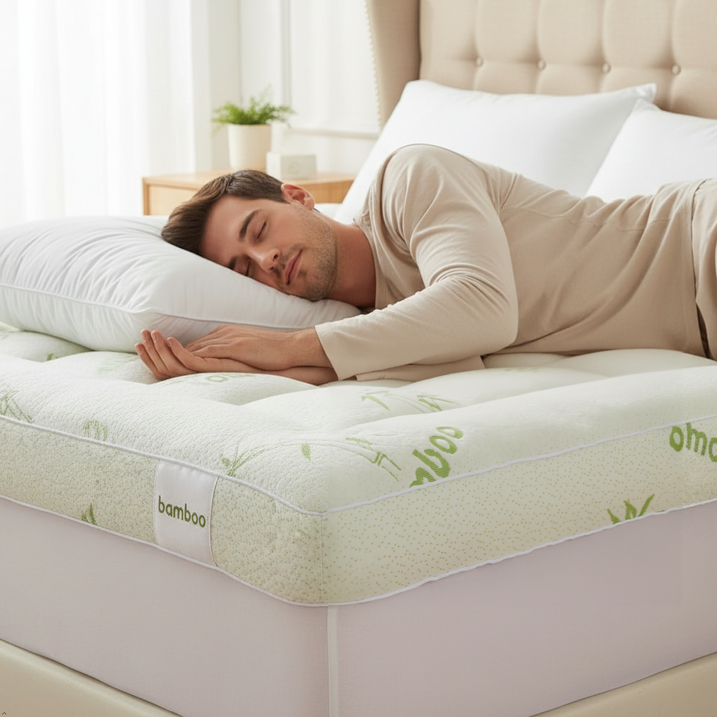 Queen Bamboo Pillow Top Mattress Topper 60x80 Inches – Extra Thick 1000GSM Cooling Mattress Pad Cover, Deep Pocket Fitted (8–20”) – Soft Plush Support for Back Pain Relief