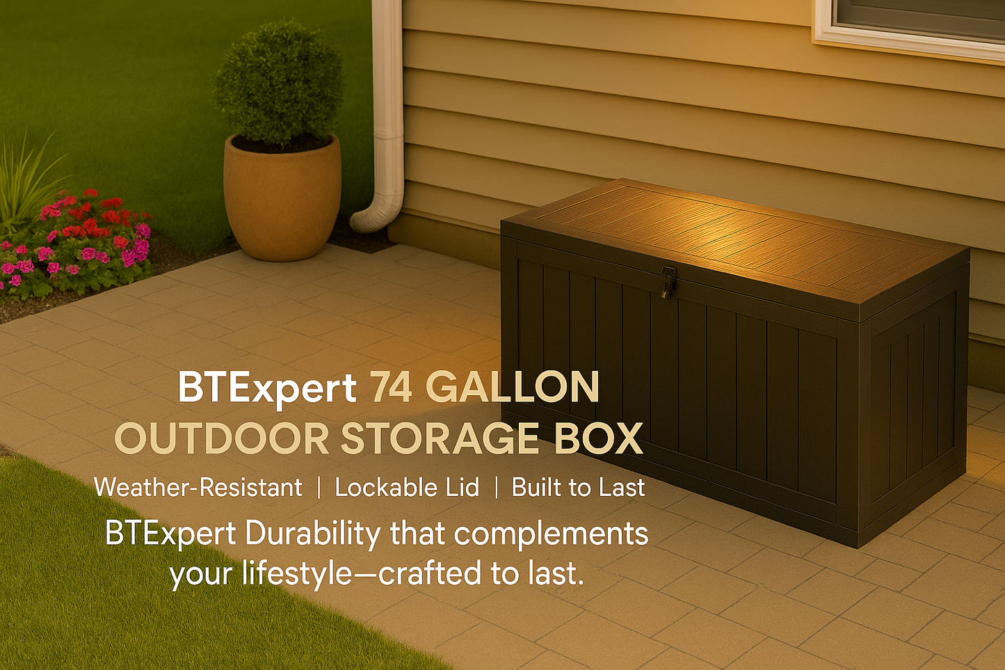 BTEXPERT 75 Gallon Resin Deck Box, Outdoor Storage Container for Patio Furniture Garden Tools Cushions Pool Sports Equipment Waterproof Lockable Stainless Steel insert UV Resistant Set of 2