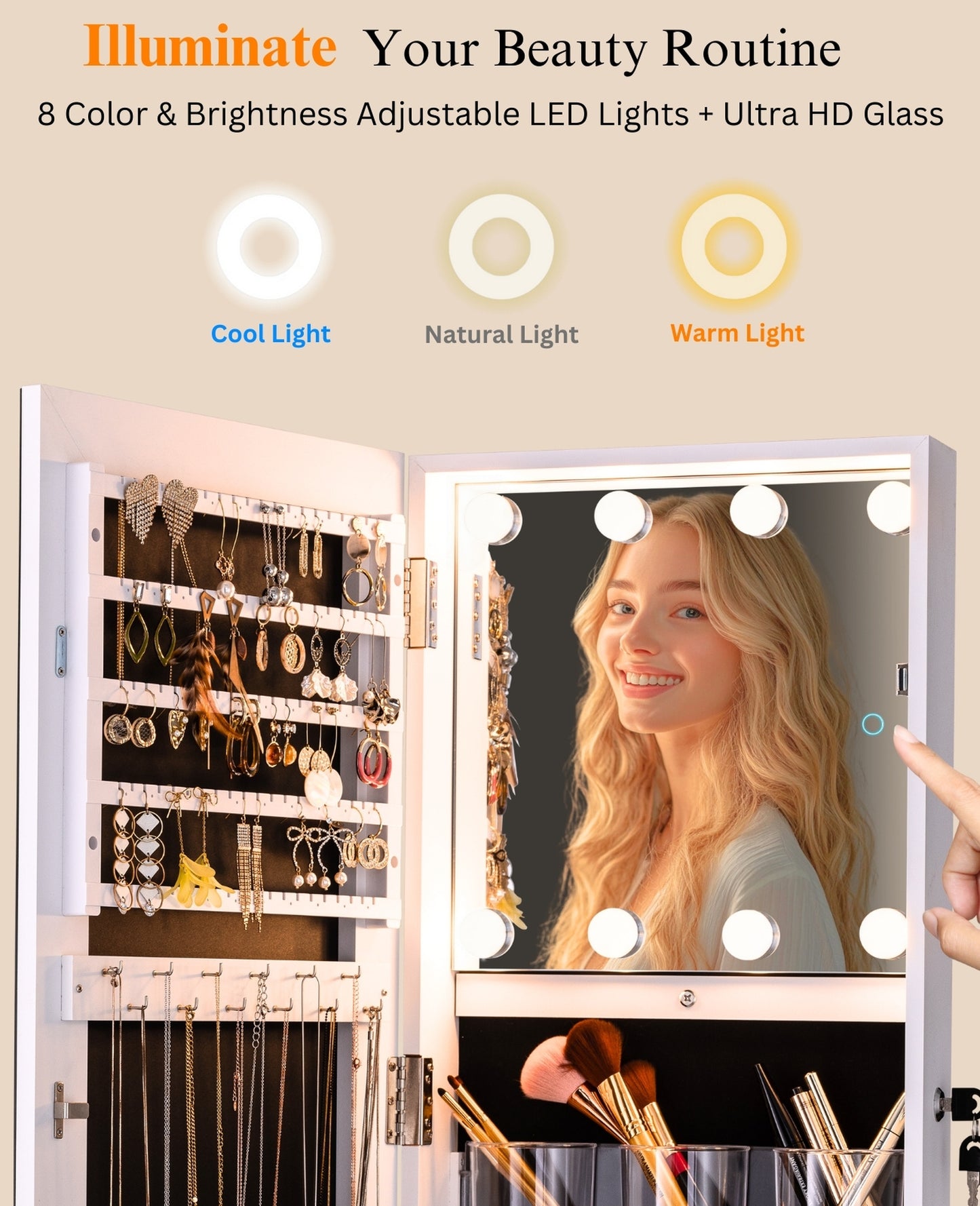 BTEXPERT 360 Swivel Jewelry Cabinet Armoire, Standing with Lights, Lockable Jewelry Organizer, 63" Rotating Full Length Frameless Mirror with Storage, 4 Wheels, White Lock Key