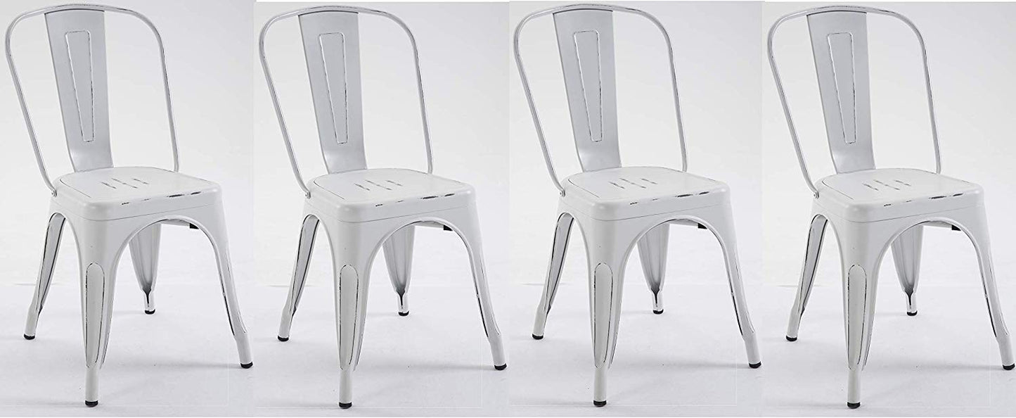BTExpert Metal White Distressed Chic Indoor Outdoor Stackable Bistro Cafe Dining Side Chairs - Set of 4