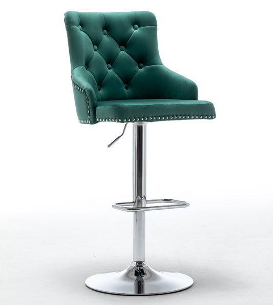 BTExpert Upholstered Dining Adjustable Seat, High Back Stool Bar Chair Green Tufted - Set of 2