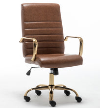 BTExpert Brown Faux Leather Adjustable Home Office Arm Chair Golden Finish