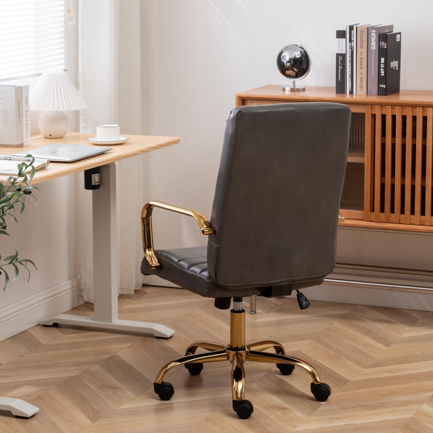 BTExpert Gray Faux Leather Adjustable Home Office Arm Chair Golden Finish