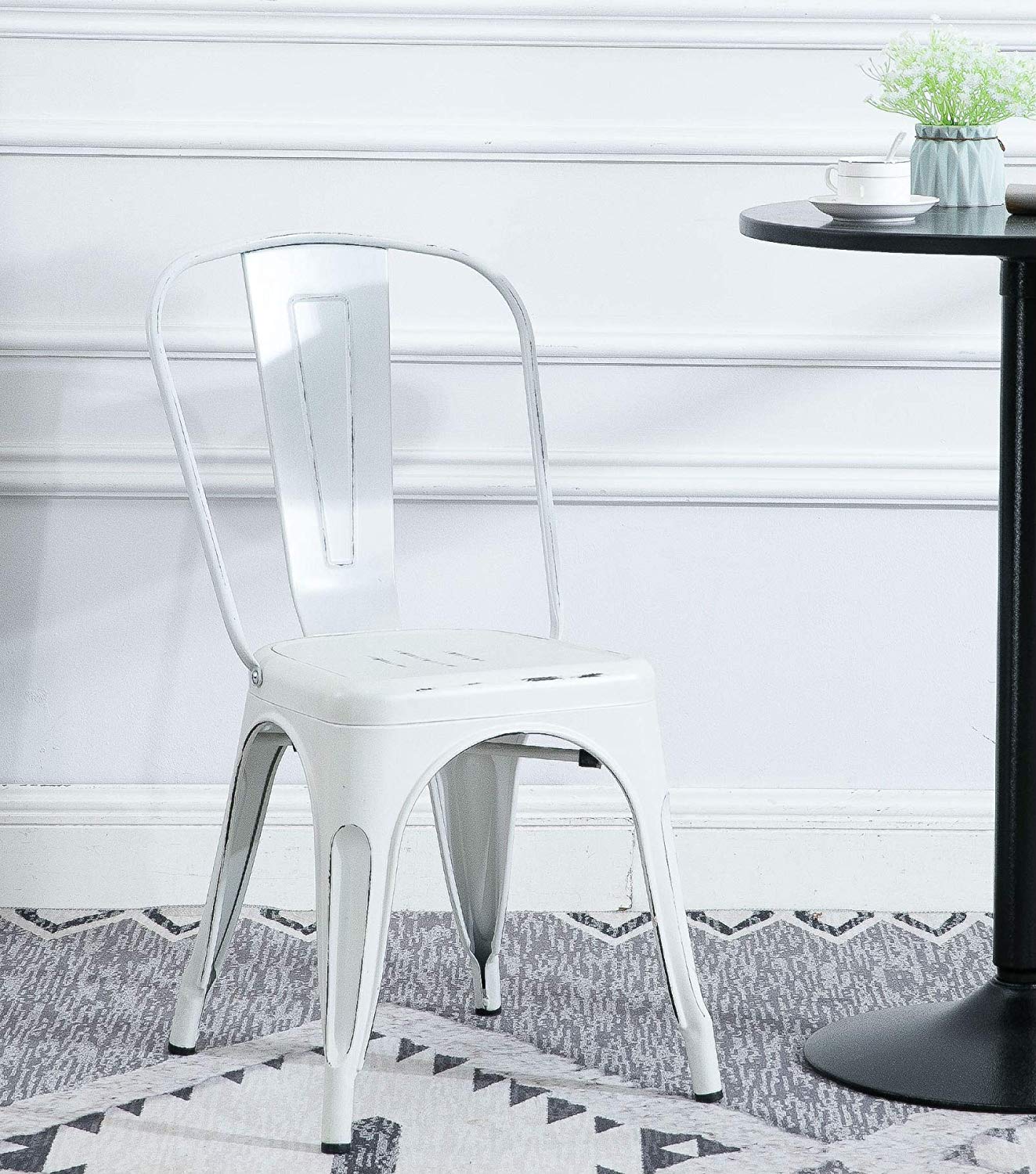 BTExpert Metal White Distressed Chic Indoor Outdoor Stackable Bistro Cafe Dining Side Chairs - Set of 4