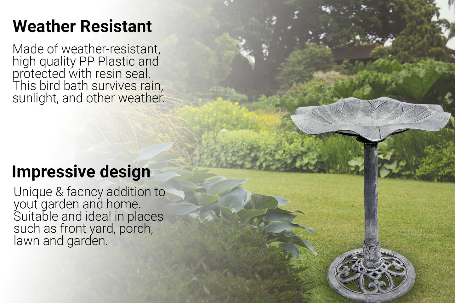 BTExpert Stone Grey Lily Leaf Pedestal Outdoor Garden Floral Bird Bath Decoration Accent