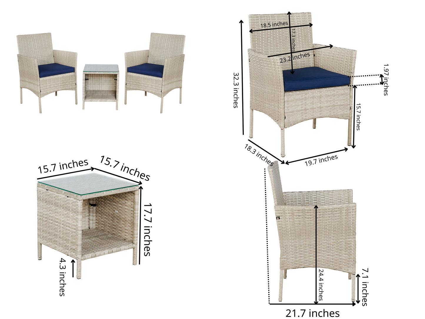 Outdoor 3-Piece Conversation Set (Tan/Navy Blue) PE Rattan Wicker Chairs with Tempered Glass Table
