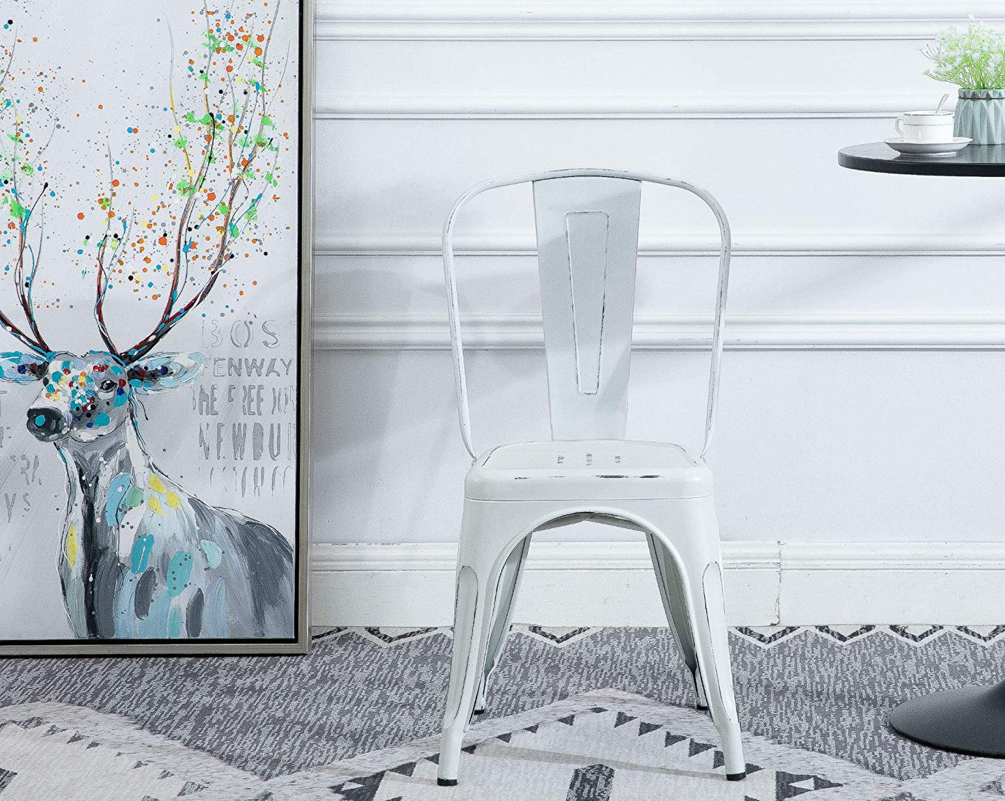 BTExpert Metal White Distressed Chic Indoor Outdoor Stackable Bistro Cafe Dining Side Chairs - Set of 4