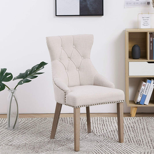 BTExpert High Back Tufted Parsons Dining Room Set of Chairs  Nail Trim Linen Beige