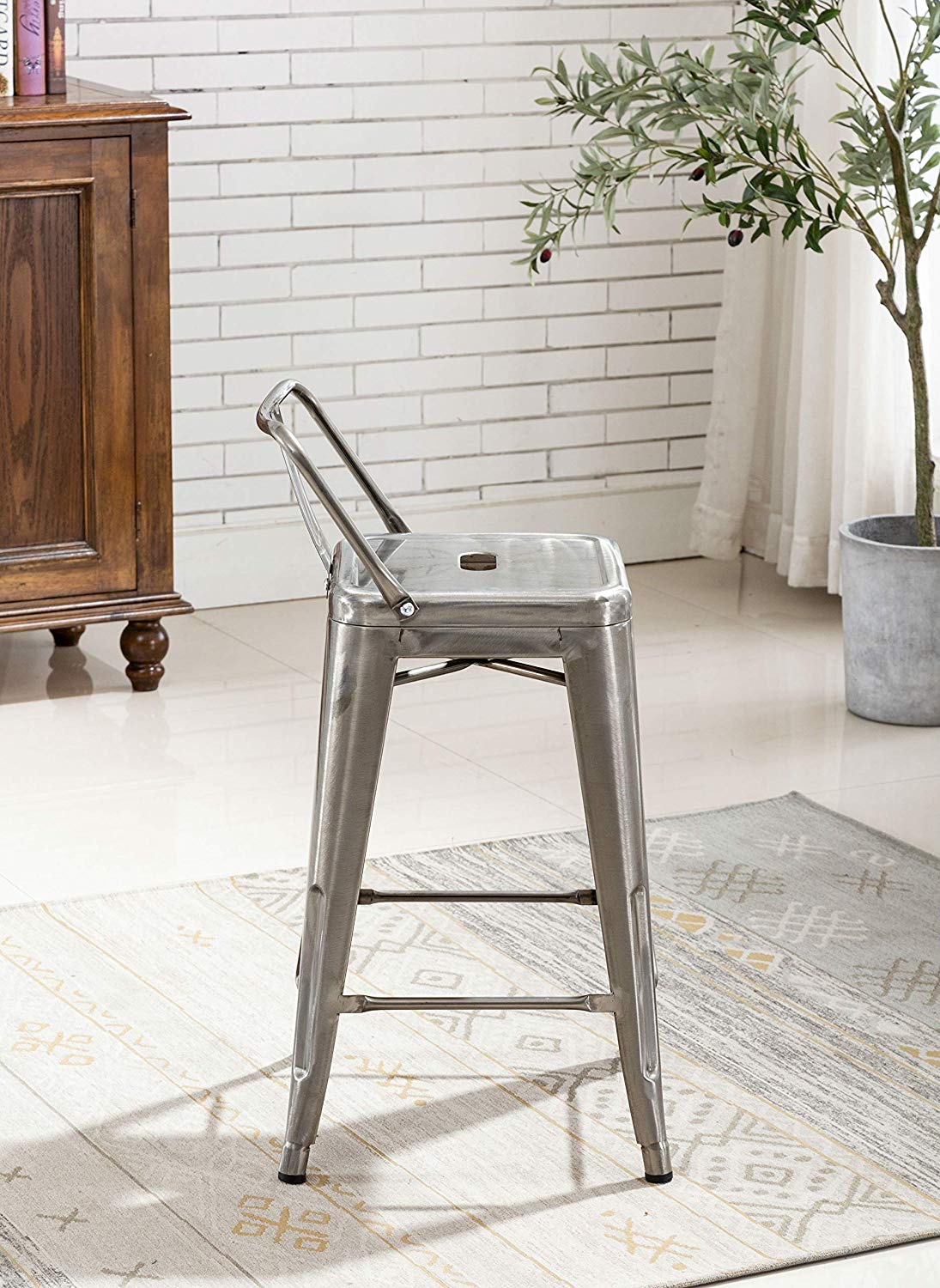 BTExpert Industrial 24" Galvanized Metal Counter Stool, Distressed Low Back, Indoor Outdoor