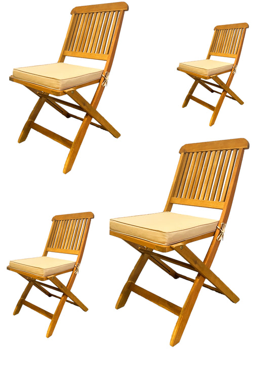BTExpert Acacia Wood Folding Patio Chairs, Teak Finish with Tan Cushions, Fully Assembled for Garden Outdoor - Set of 4