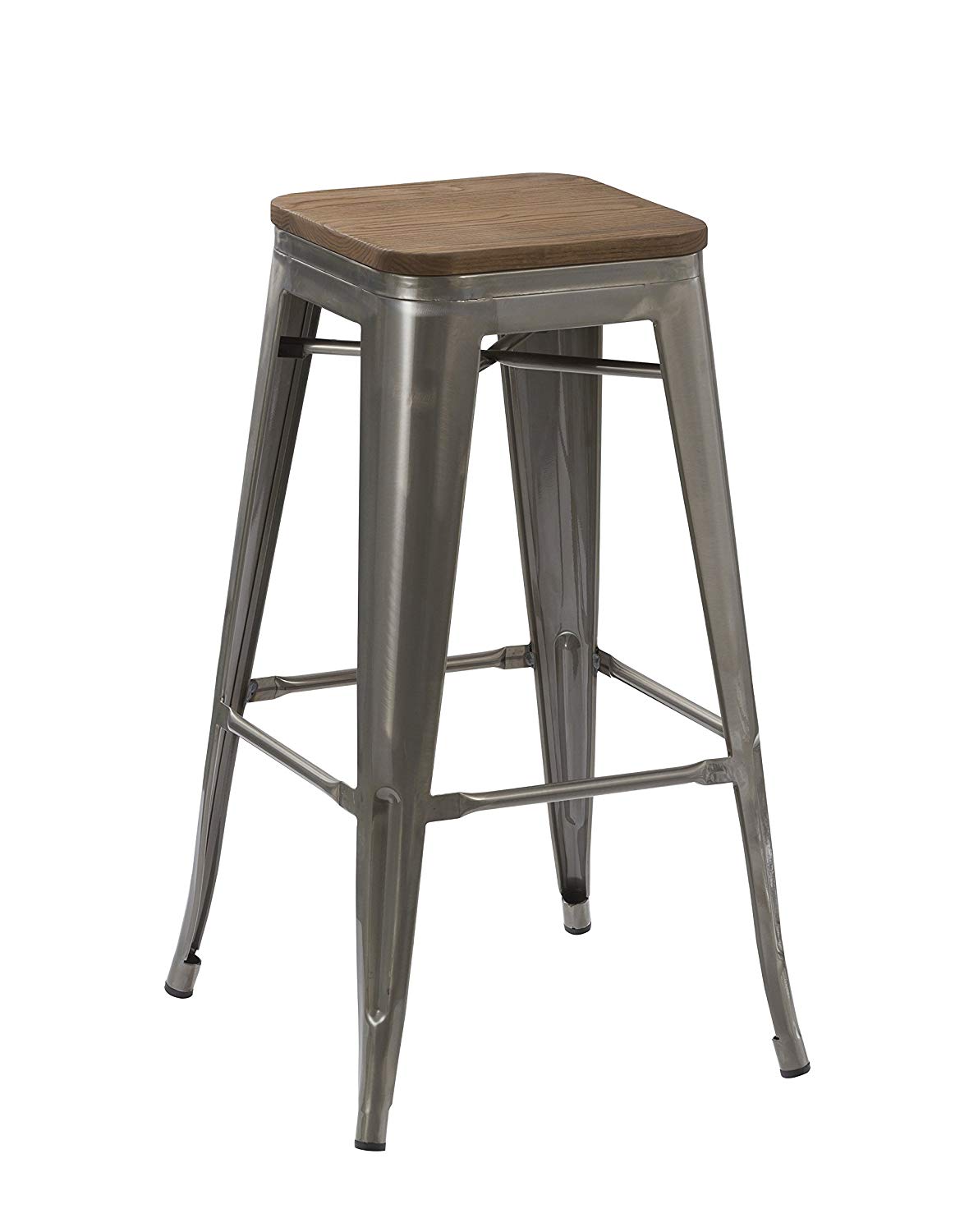BTExpert 30" Industrial Stackable Metal Bar Stool, Rustic Clear Brush Finish, Wood Top Seat