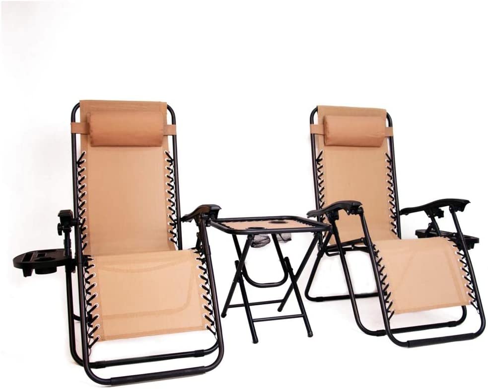 BTExpert 3PCS Zero Gravity Chair Set with Table, Folding Lounge w/ Pillow & Cup Holder for Camping, Patio, Beach