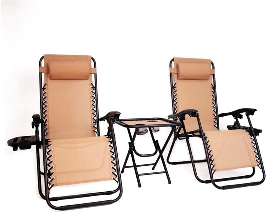 BTExpert 3PCS Zero Gravity Chair Set with Table, Folding Lounge w/ Pillow & Cup Holder for Camping, Patio, Beach