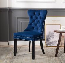 TWO NEW- High Back Velvet Navy Blue Tufted Upholstered Dining Chairs, Set of 2, Solid Wood Nail Trim  Ring