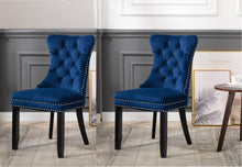 TWO NEW- High Back Velvet Navy Blue Tufted Upholstered Dining Chairs, Set of 2, Solid Wood Nail Trim  Ring