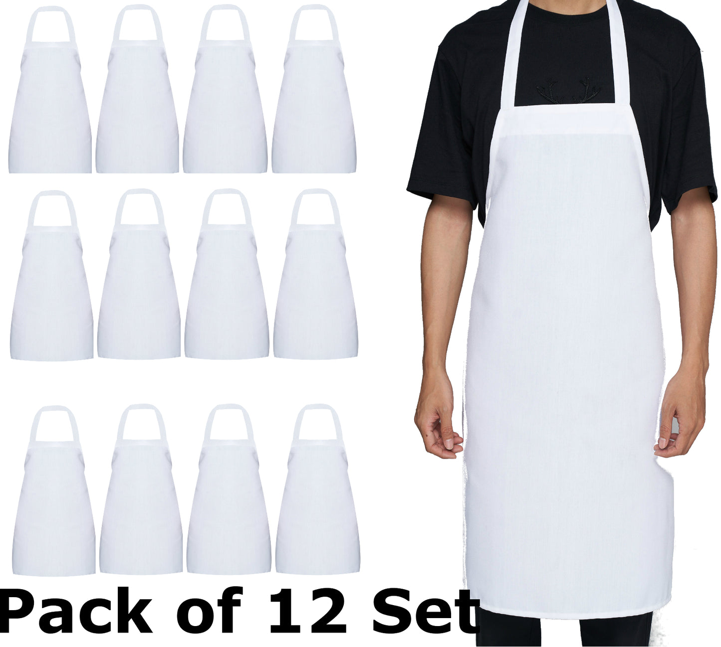 BTExpert 12-Pack Bib Apron 32x28 Inches, Unisex Black, Extra Long Ties, Machine Washable, for Chef Cooking & Crafting