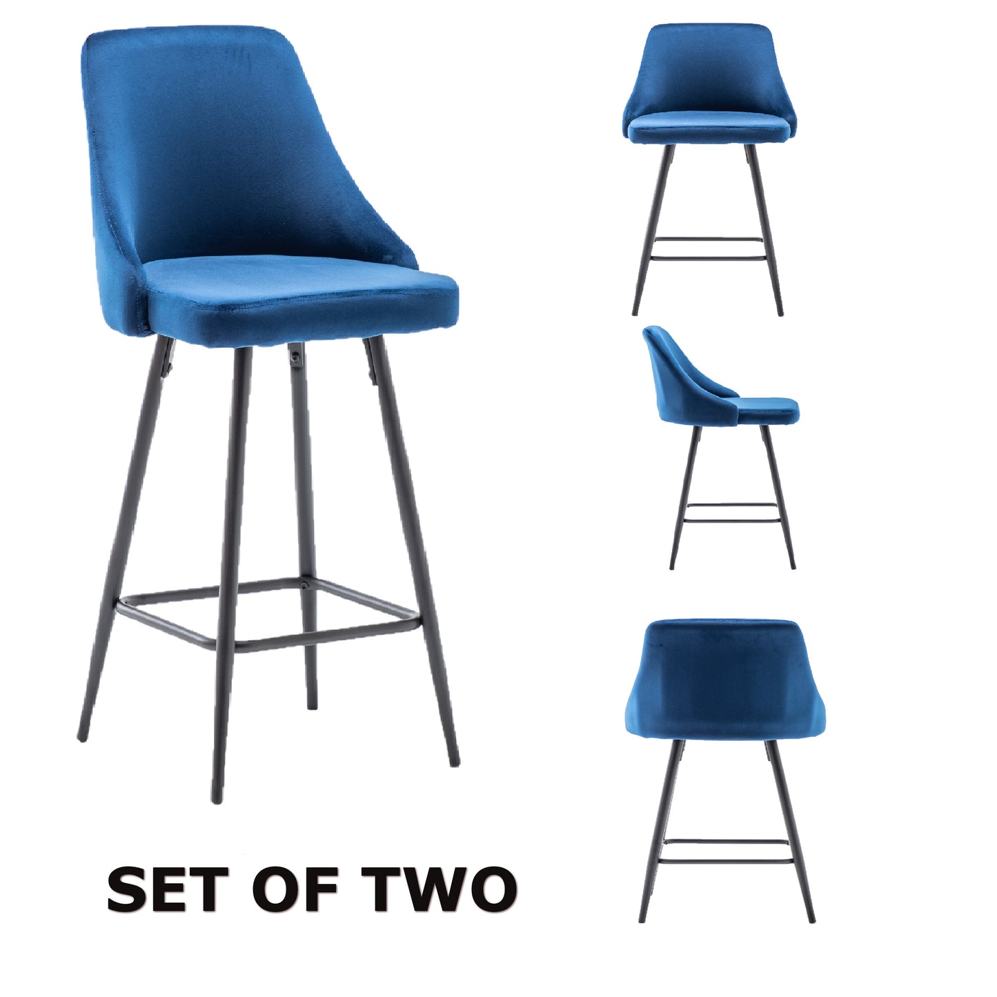 BTExpert TWO - Chacha Velvet Blue barstools Upholstered Modern Counter height Stool Bar Chairs - Set of 2