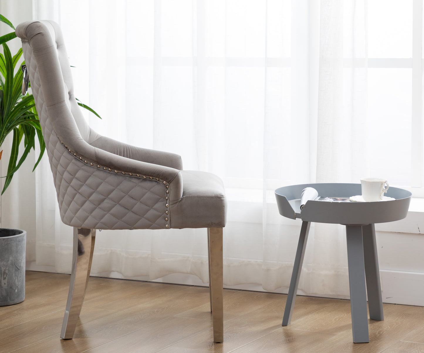 High Back Velvet Gray Tufted Upholstered Dining Chairs with Stainless steel legs - Set of 2
