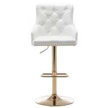 BTEXPERT Plush Velvet Adjustable 360 Swivel High Back Stool Bar Chairs, White PU Leather Tufted Golden Chrome Base & Nailhead Trim, Set Of 2