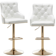 BTEXPERT Plush Velvet Adjustable 360 Swivel High Back Stool Bar Chairs, White PU Leather Tufted Golden Chrome Base & Nailhead Trim, Set Of 2