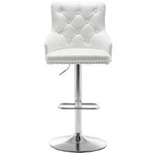 BTEXPERT Plush Velvet Adjustable 360 Swivel High Back Stool Bar Chairs, White PU Leather Tufted Nailhead Trim, Set Of 2
