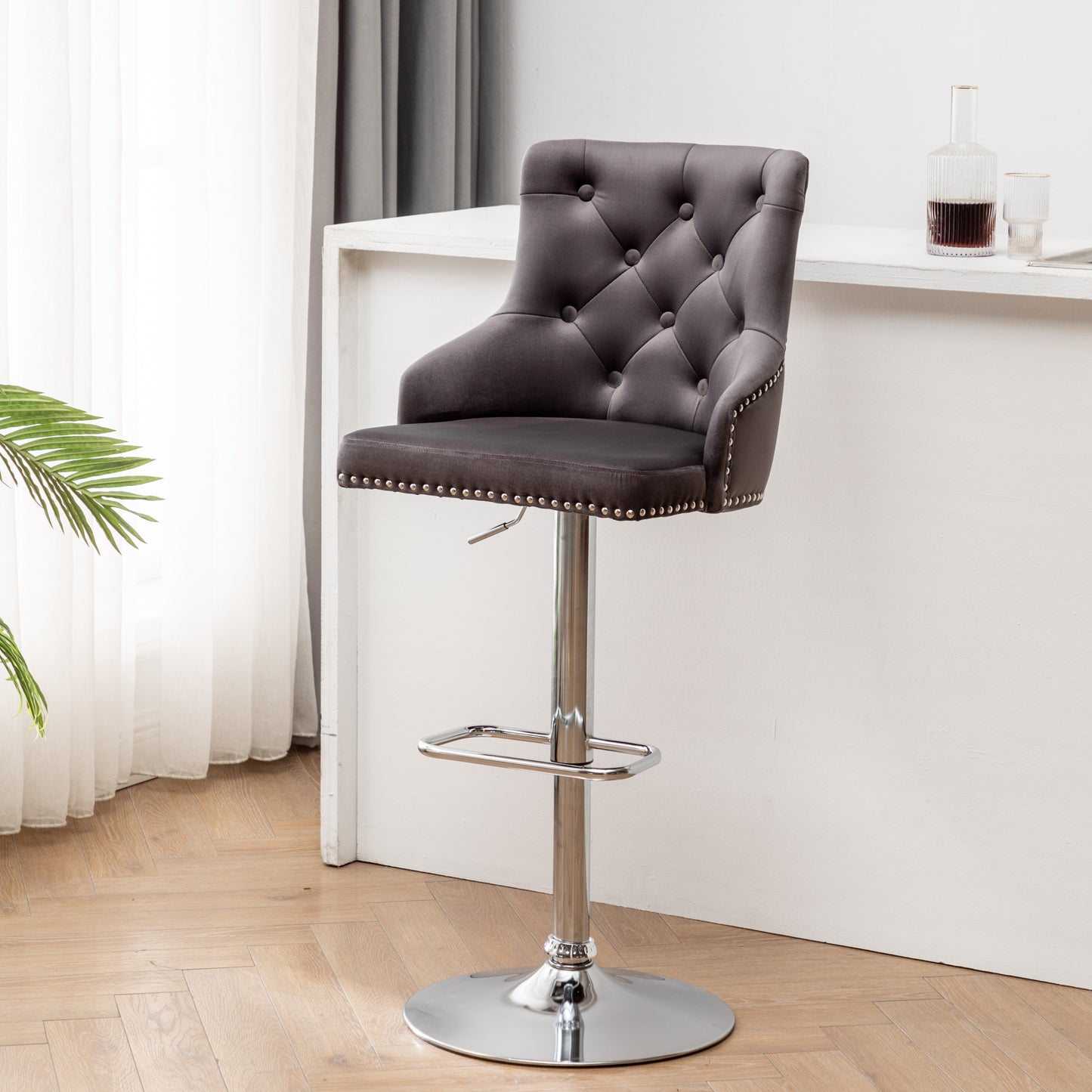 BTExpert Upholstered Dining Adjustable Seat, High Back Stool Bar Chair Gray Tufted
