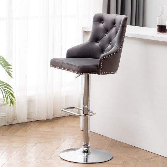 BTExpert Upholstered Dining Adjustable Seat, High Back Stool Bar Chair Gray Tufted - Set of 2
