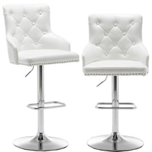 BTEXPERT Plush Velvet Adjustable 360 Swivel High Back Stool Bar Chairs, White PU Leather Tufted Nailhead Trim, Set Of 2