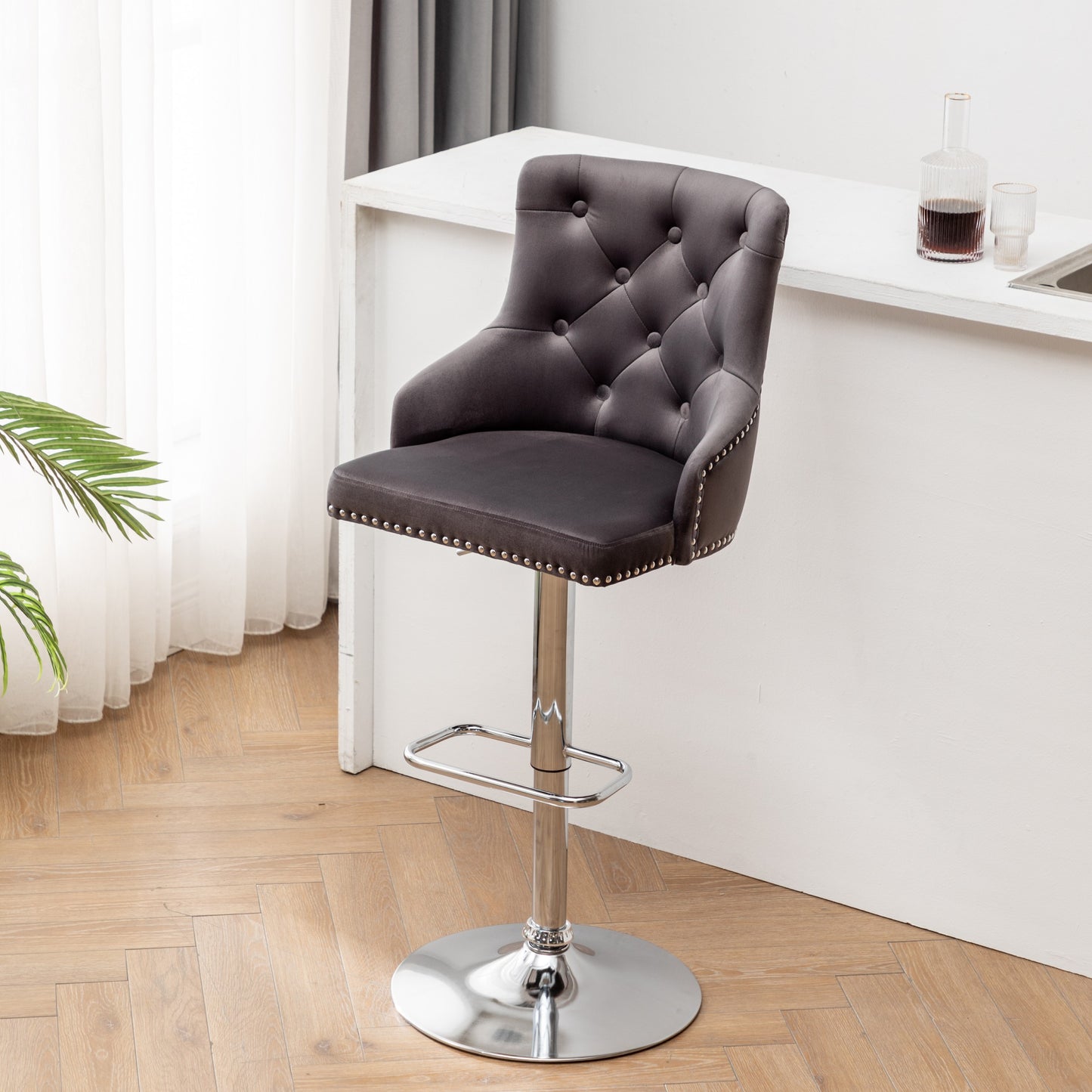 BTExpert Upholstered Dining Adjustable Seat, High Back Stool Bar Chair Gray Tufted