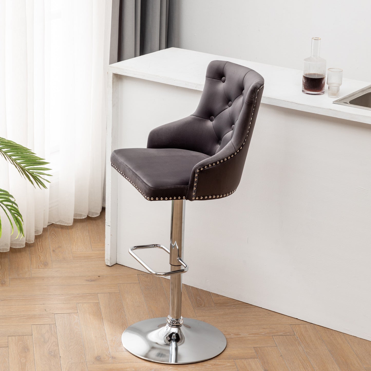 BTExpert Upholstered Dining Adjustable Seat, High Back Stool Bar Chair Gray Tufted - Set of 2