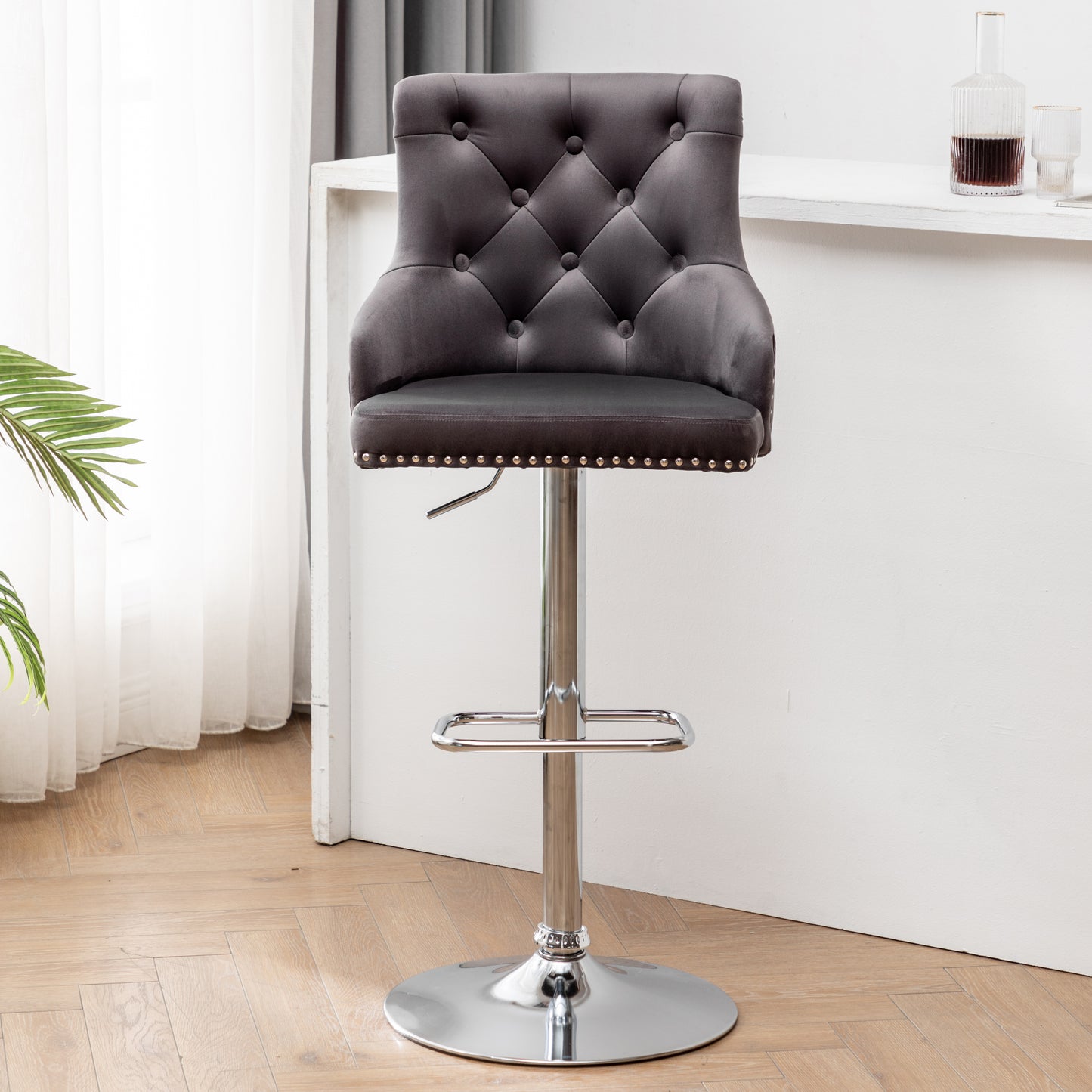 BTExpert Upholstered Dining Adjustable Seat, High Back Stool Bar Chair Gray Tufted - Set of 2
